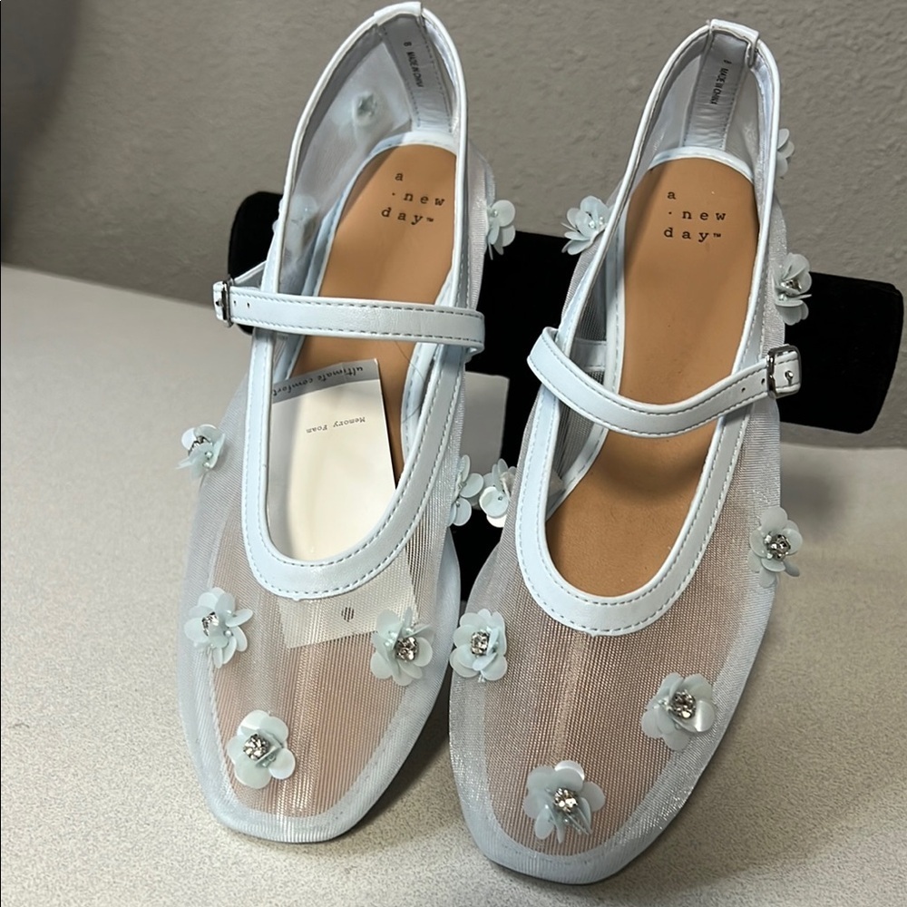 A New Day Light Blue Sheer Floral Flats - Picture 2 of 7